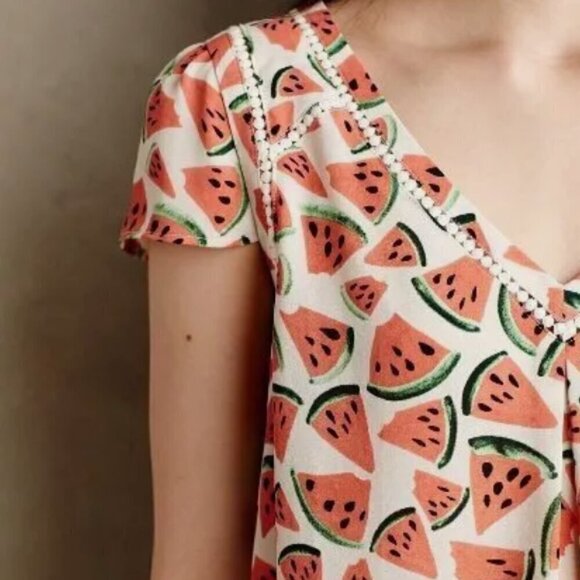 Anthropologie Maeve Watermelon Pink White Short Sleeve Summer Tunic Blouse Small - Picture 2 of 10